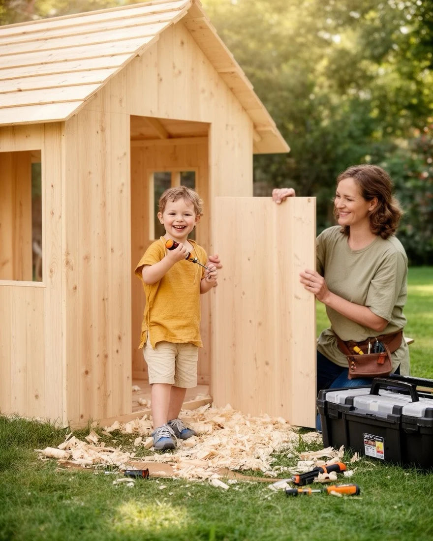 Vater und Kind bauen ein Holzhaus auf